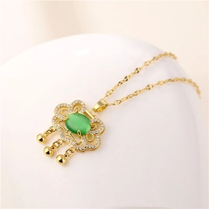 Gold-tone long-life lock necklace with green cat-eye stone and zircon pendants