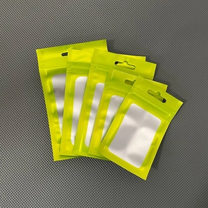 Five yellow matte ziplock bags with clear windows and hang holes in various sizes