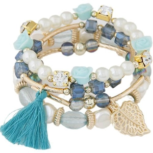 Bohemian multi-layer beaded bracelet set with blue crystals, pearls, and leaf charms