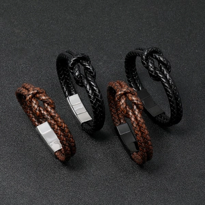 Hip hop braided leather bracelets in black and brown with stainless steel magnetic clasps