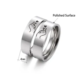 Polished titanium steel couple rings with heart engraving, 4mm width in silver finish
