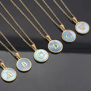 Classic golden stainless steel necklace with blue shell alphabet pendant charms