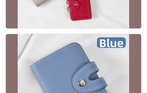 Detailed close-up of blue leather card holder with textured finish and white stitching