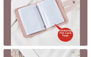 Detail view of pink leather card holder with 26 clear PVC slots for large storage