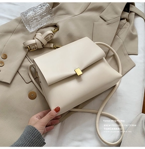 Dettaglio della borsa a tracolla beige minimalista con fibbia dorata e tracolla aggiuntiva