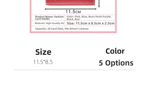 Detail view of red PU leather card holder showing dimensions and 28 card slots capacity