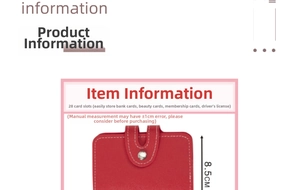 Detail view of red leather card holder showing 26 slots and 8.5cm height dimension
