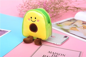 Detailed plush avocado coin purse with zipper and metal chain over a colorful background