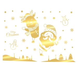 Golden Christmas window static stickers featuring reindeer, Santa Claus, and snowflakes