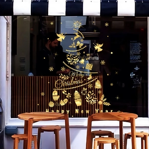 Golden Christmas tree and snowflake static window decals for holiday glass decoration