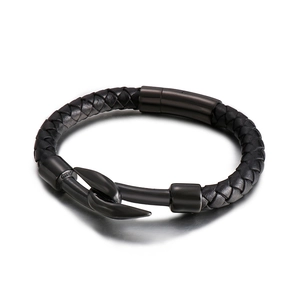 Men's geometric woven black leather bracelet with stainless steel fishhook clasp