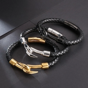 Men's woven leather bracelets with gold, silver, and black metal hooks in diagonal layout