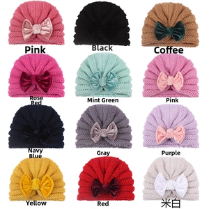 Detailed color chart of baby velvet bow knit hats showing twelve various color options