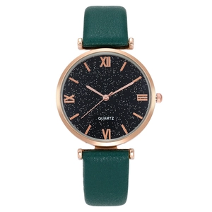 Starry sky dial women's quartz watch with dark green leather strap and roman numerals