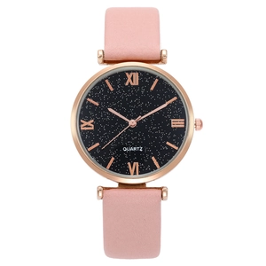 Women's quartz watch with starry sky dial, pink leather strap, and rose gold Roman numerals