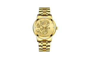 Detailed macro view of the 3D gold dragon relief and sparkling rhinestones on the dial