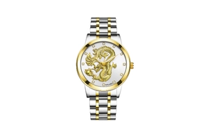 Macro detail of YOLAKO watch featuring a gold 3D dragon relief and zircon markers