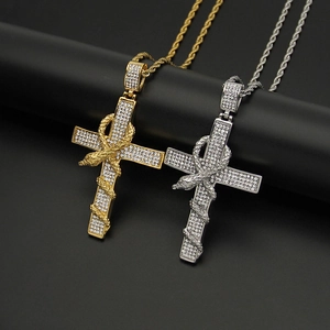 Snake Wrapped Ankh Cross Pendant Necklace 316 Stainless Steel Rhinestone Inlaid Hip Hop Streetwear Jewelry Men Women