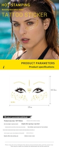 Close-up of golden freckle face tattoos with product dimensions and SGS certification info