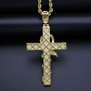 Gold stainless steel cross necklace with snake detail and diamond pattern on rope chain