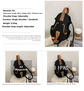 Creative violin shaped crossbody bag in black PU leather with dimension specifications
