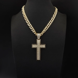 Hip Hop Cross Pendant Necklace Rhinestone Alloy Enamel Black Edge Cuban Chain Retro Jewelry For Men Women