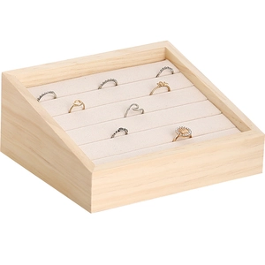 Minimalist wooden 5-tier ring display tray with cream fabric slots for jewelry storage