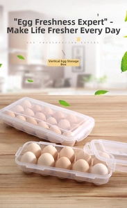 Close-up of clear plastic vertical egg storage box with secure lid for refrigerator