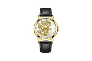 Detailed view of gold dragon motif and crystal markers on men's quartz watch dial