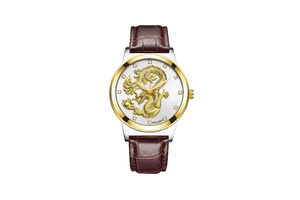 Macro detail of gold dragon relief on white dial with diamond scale and brown leather strap