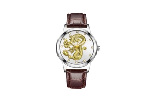 Macro detail of white dial featuring a golden 3D dragon relief and rhinestone markers