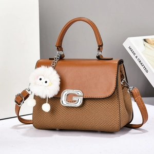 Women Braided PU Leather Handbag Contrast Color Shoulder Crossbody Bag With Rhinestone G Buckle And Plush Charm