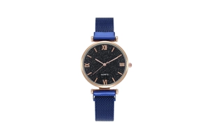 Detail of starry dial quartz watch with blue mesh band and rose gold case