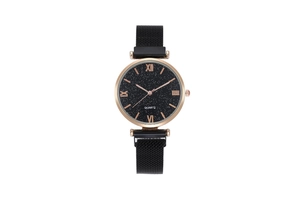 Detail view of starry sky dial quartz watch with black Milanese magnetic band