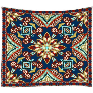 Square bohemian mandala tapestry with ethnic geometric patterns in deep blue and red