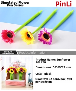 Detail view of 0.5mm sunflower gel pens in various colors with green stems and display box