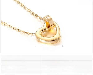 Detail of gold heart pendant with zircon inlay on a fine stainless steel chain necklace
