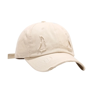 Distressed beige cotton baseball cap with retro frayed holes and adjustable strap back