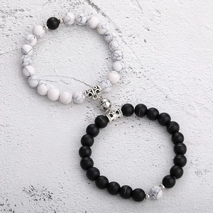 Couple magnetic bead bracelets with marble and matte black stones for partners