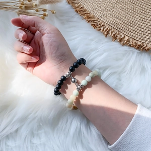 Natural tiger eye and matte stone couple bead bracelets with magnetic heart connection