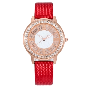 Women's rose gold watch with crystal bezel, white dial and red pebble leather strap
