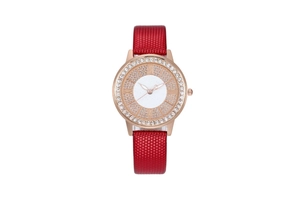 Close-up of rose gold watch with sparkling white rhinestones and a red leather strap
