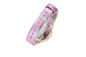 Detail of pink lizard pattern leather strap and silver buckle on a rose gold watch