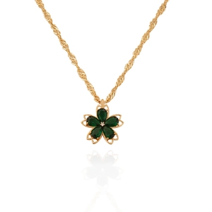 Detail of flower pendant with green crystal petals and a gold twisted rope chain