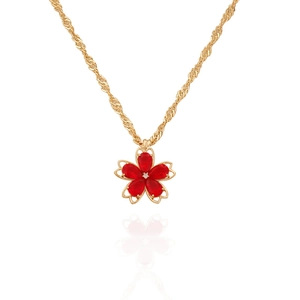 Floral cherry blossom necklace with red pear-cut crystals and a gold-tone rope chain