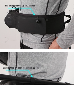 Running waist pack detail with large phone pocket and trekking pole attachment straps