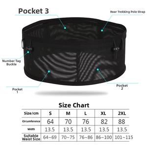 Detailed size guide for running belt showing waist circumference and width specifications