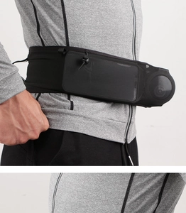 Detail view of black running belt featuring breathable mesh and transparent touch screen phone pocket
