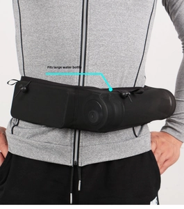Detail view of the breathable mesh running waist pack with elastic water bottle holder
