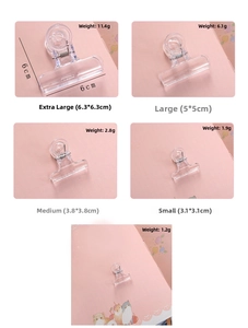 Tabella taglie dettagliata per clip in plastica trasparente, dimensioni dalla XL alla Small